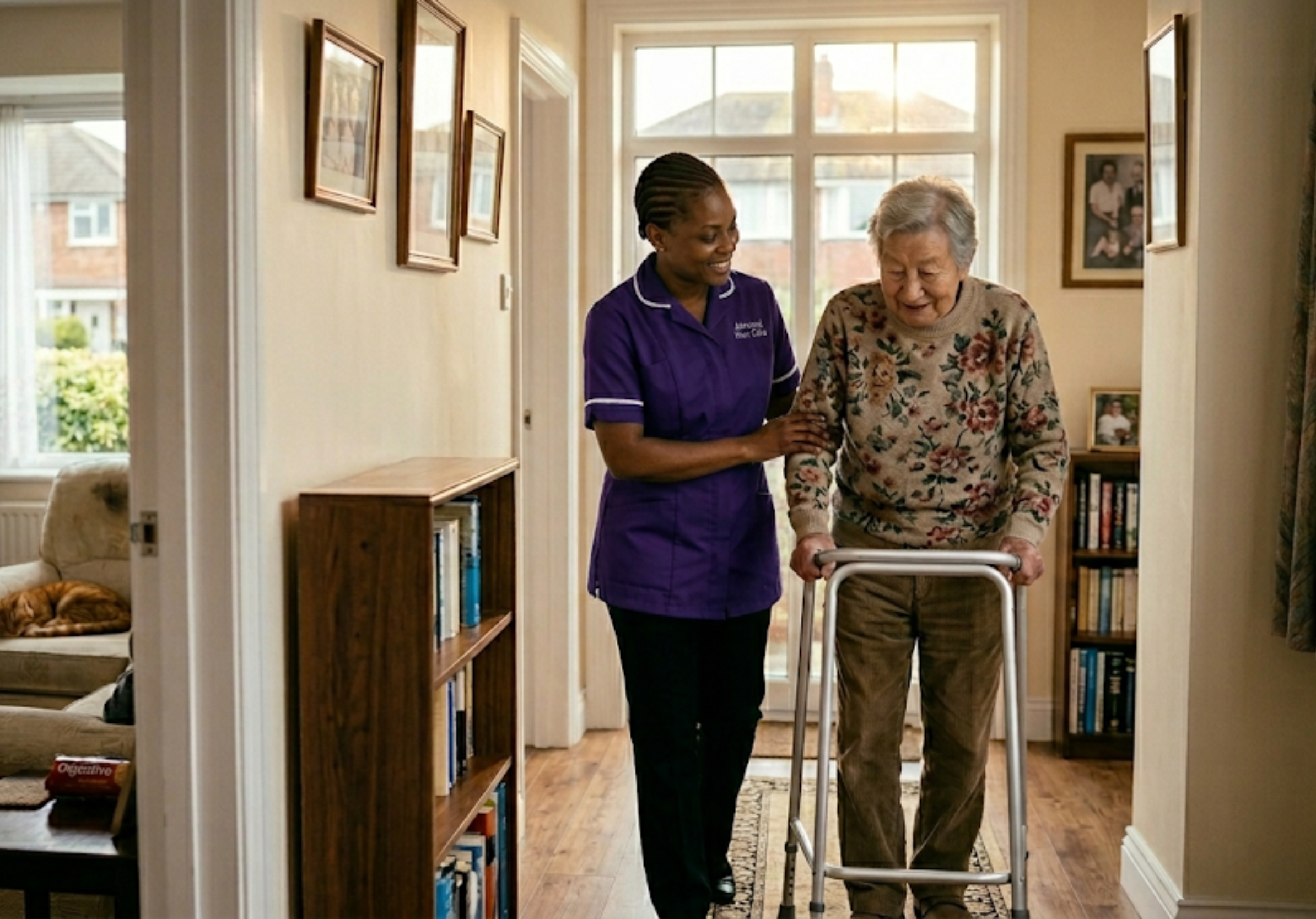 A Black African Almond Flex Care live-in carer assisting an elderly man with mobility support in his Durham home — representing the 24-hour personal care and safety monitoring included in the live-in care service