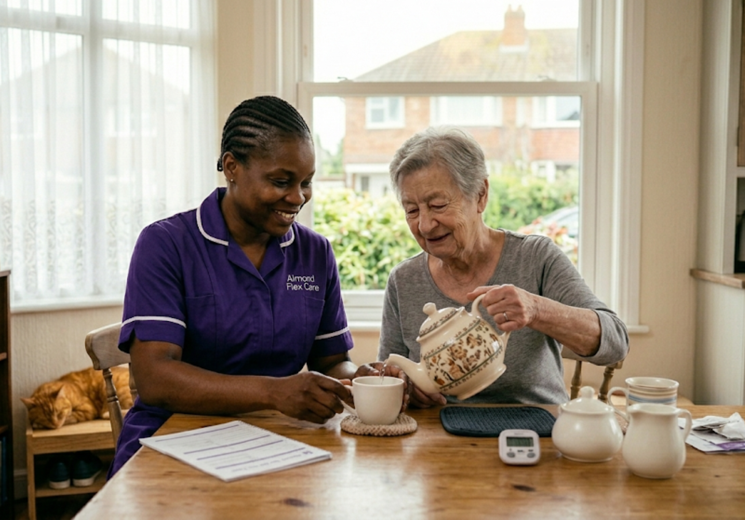 A Black African Almond Flex Care reablement carer supporting a woman practising daily living skills in her Durham kitchen — illustrating the empowering, independence-focused approach of the reablement care service