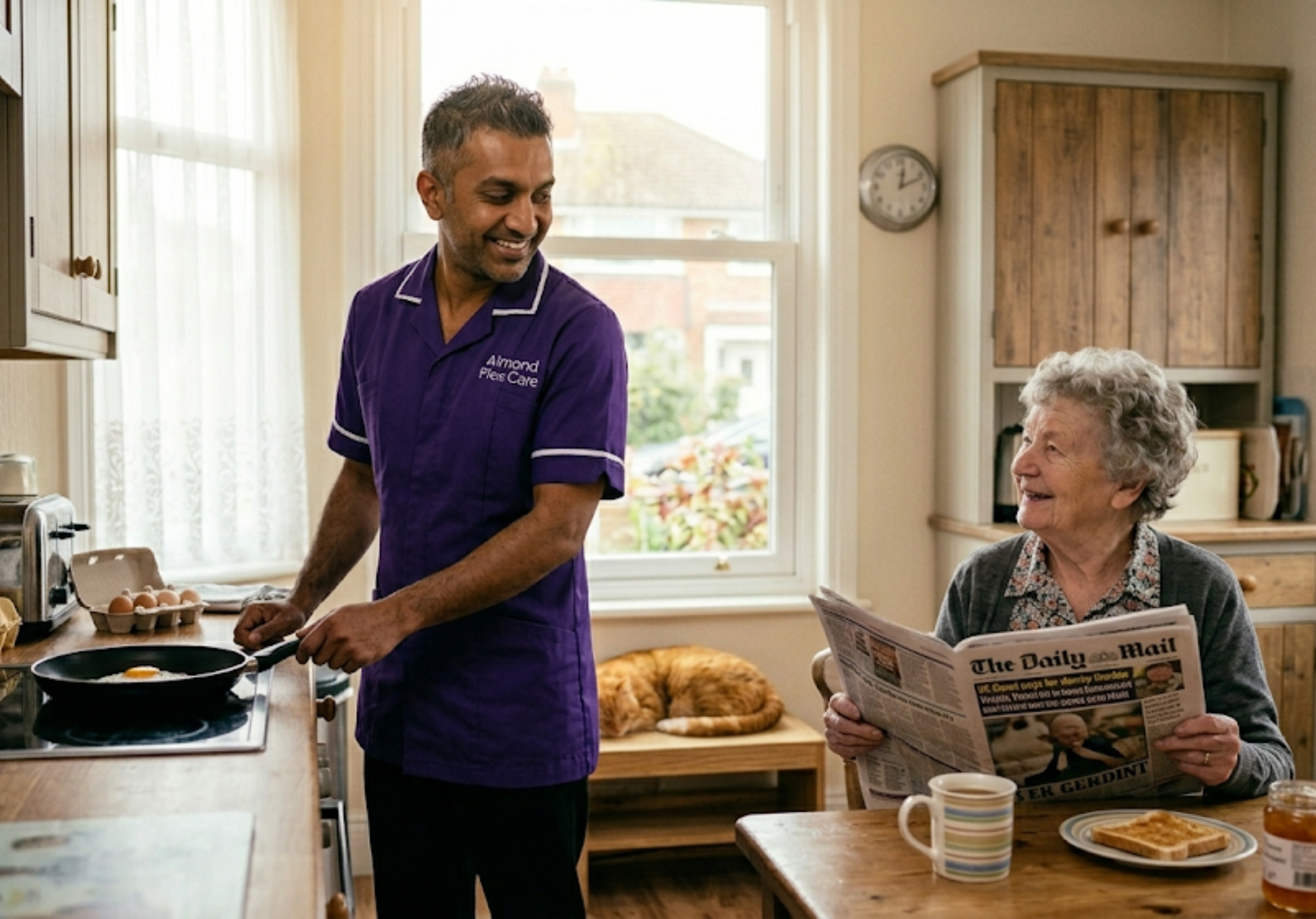 A South Asian Almond Flex Care live-in carer preparing breakfast in a client's kitchen in Durham — illustrating the daily domestic support provided as part of the 24-hour live-in care service