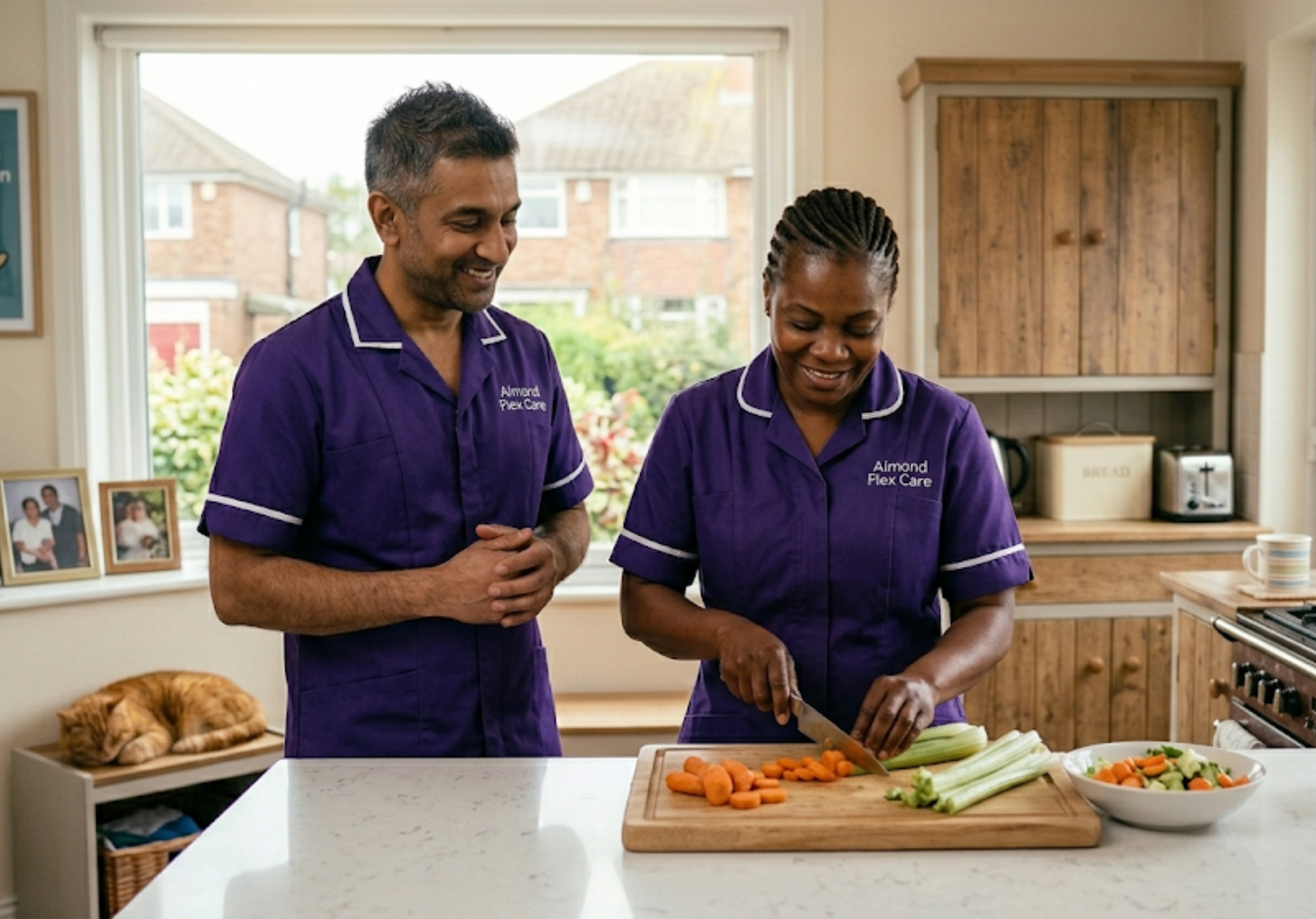 A South Asian Almond Flex Care reablement carer encouraging a client to independently prepare food in her Durham kitchen — representing the empowering, capability-building approach of the reablement care service