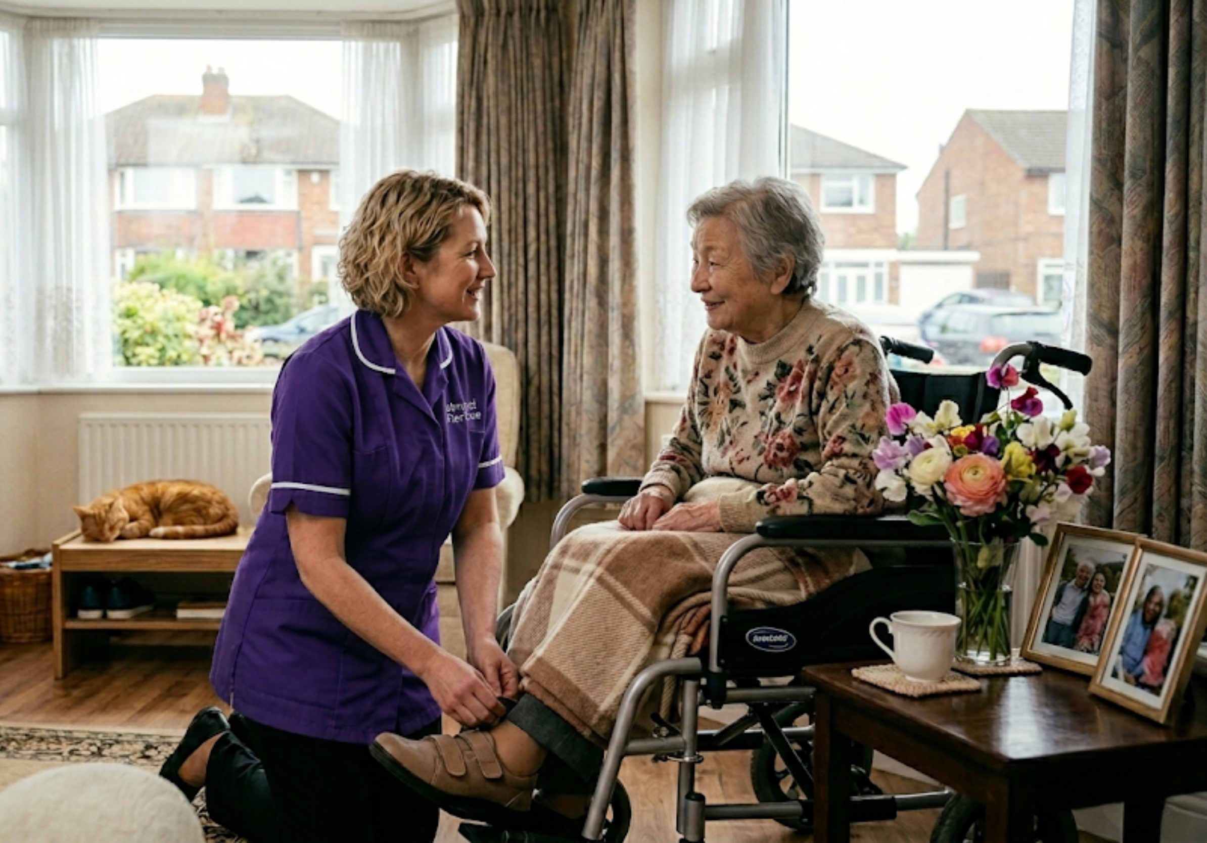 A White European Almond Flex Care carer assisting an elderly Asian woman with mobility support at home in Durham — illustrating the dignified personal care included in the home care service