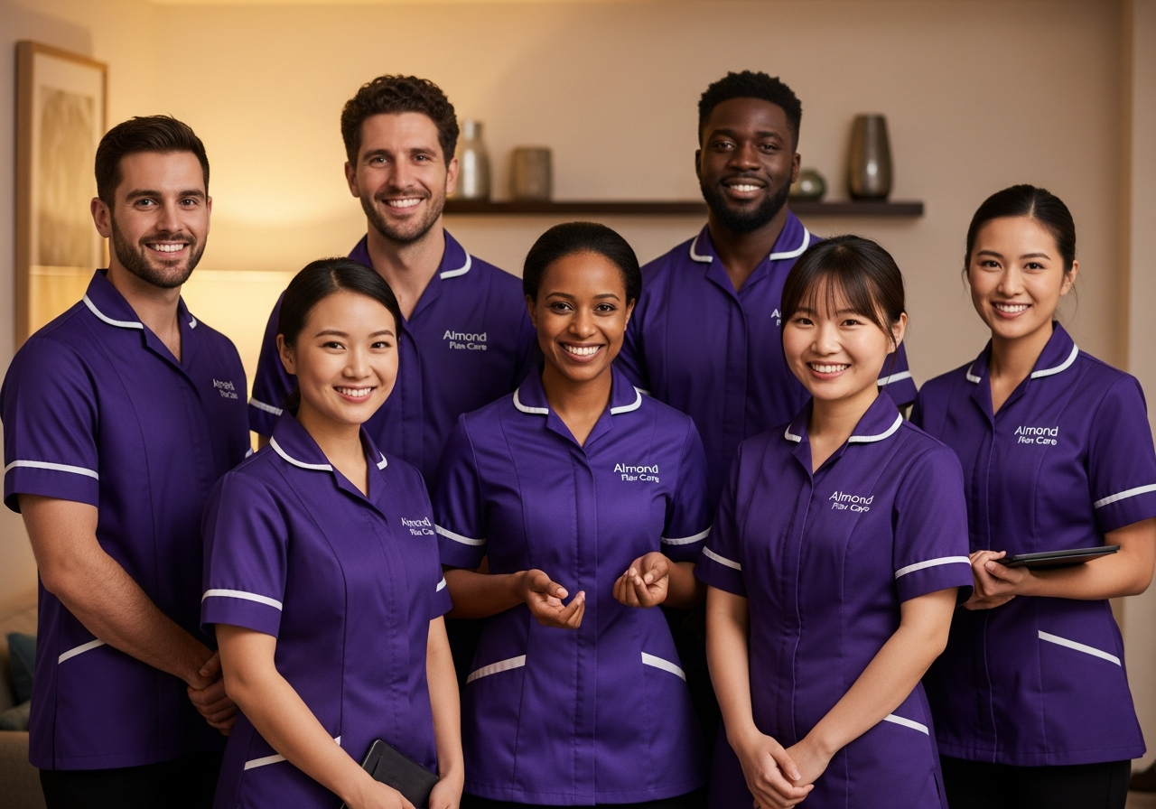A diverse team of Almond Flex Care home carers — including European, African and Asian carers — in deep purple uniforms, representing the professional care team in Durham
