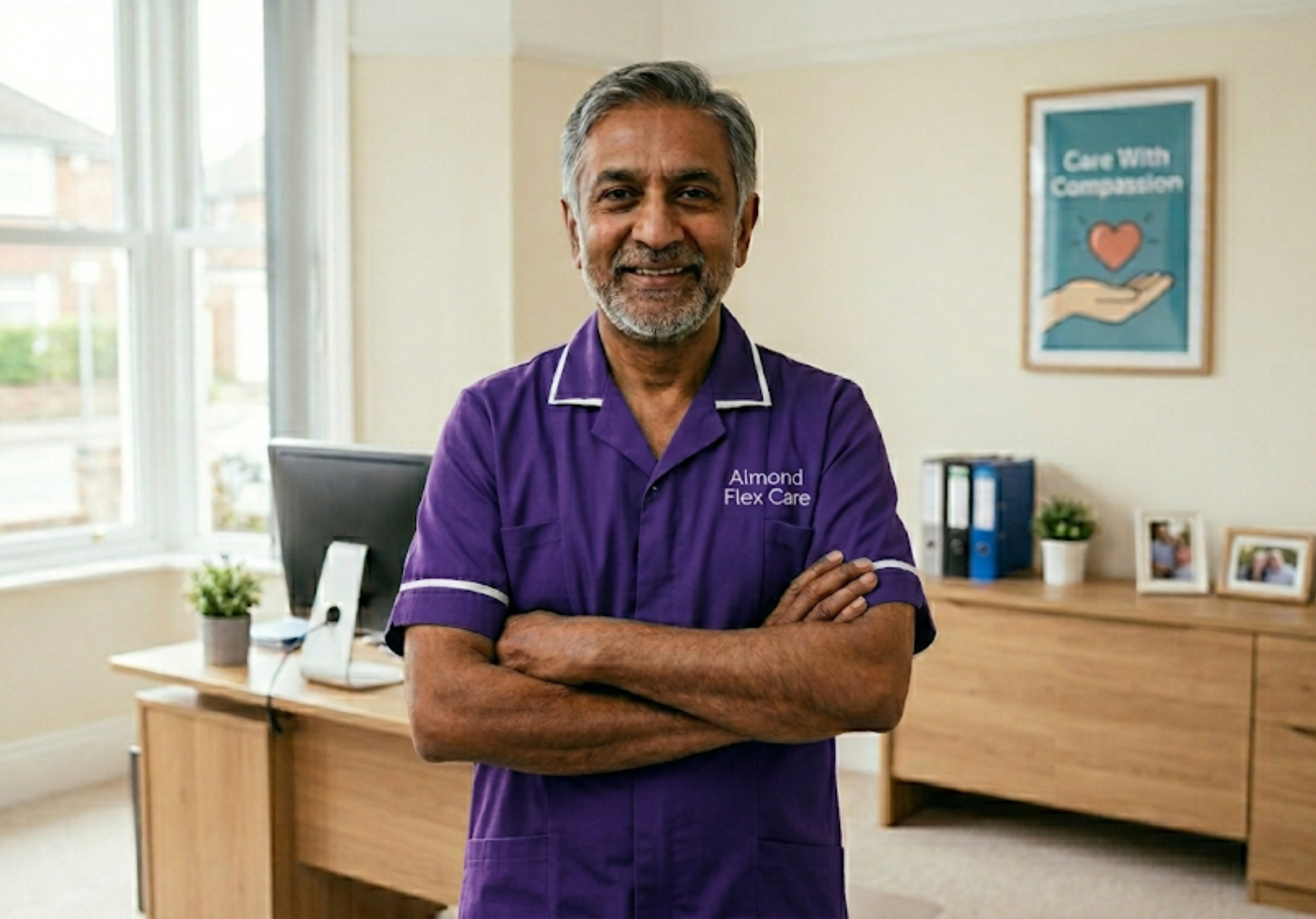 A professional Almond Flex Care senior carer in a teal uniform in the Durham office, representing the agency's commitment to quality and experienced home care