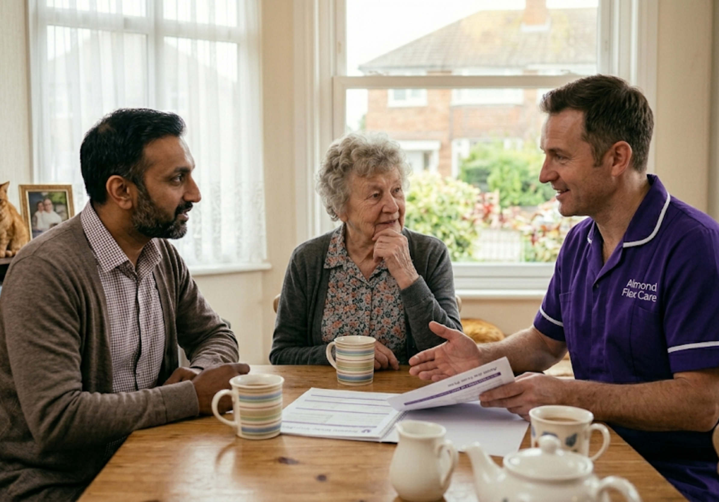 An Almond Flex Care care coordinator discussing a live-in care plan with a family in Durham — representing the agency's thorough and personalised approach to arranging 24-hour home care