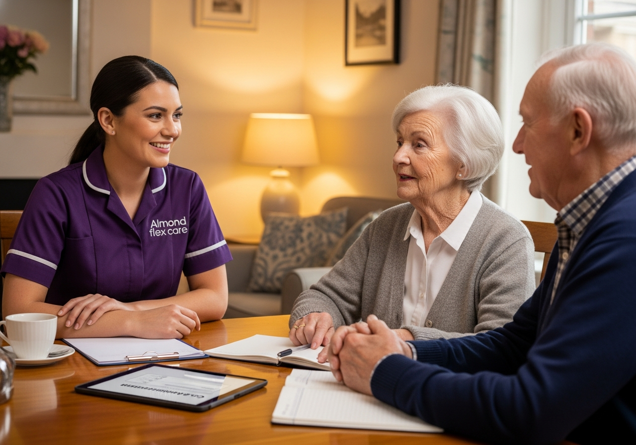 An Almond Flex Care carer conducting a home care assessment with an elderly couple in Durham, reflecting the agency's person-centred approach to care planning