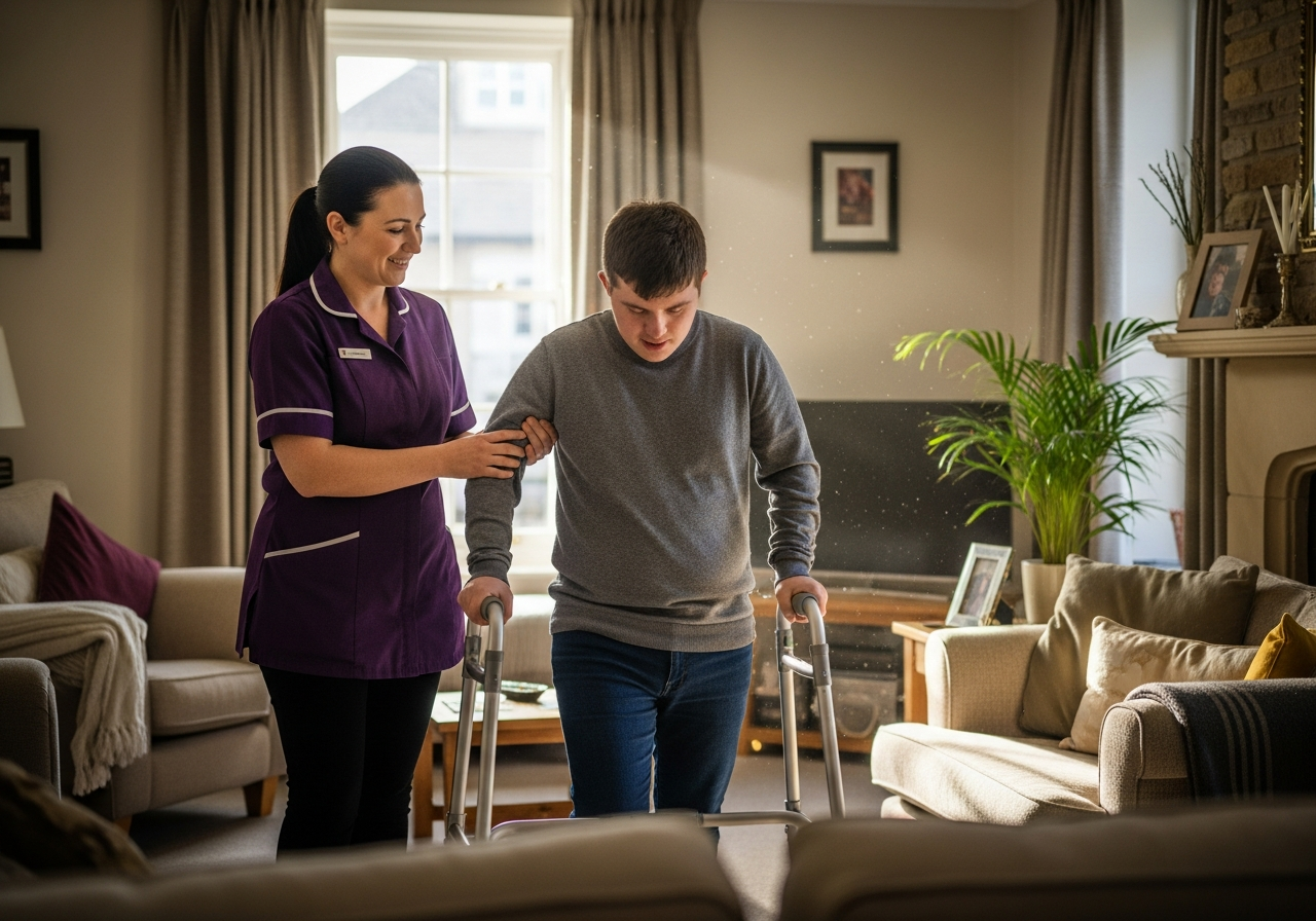 An Almond Flex Care carer supporting a young adult with a disability in Durham — representing the agency's inclusive care services for people of all ages and circumstances
