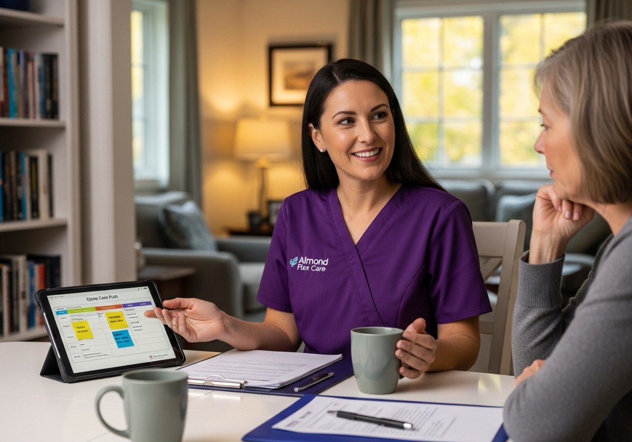 An Almond Flex Care coordinator discussing a home care plan with a family member in Durham — representing the agency's commitment to open communication and family involvement in care