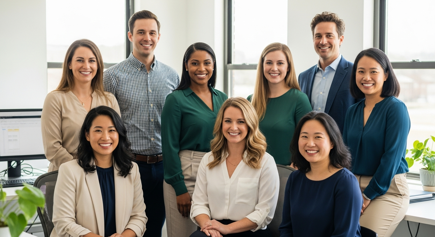 The Almond Flex Care management and coordination team — a diverse professional group in a Durham office setting