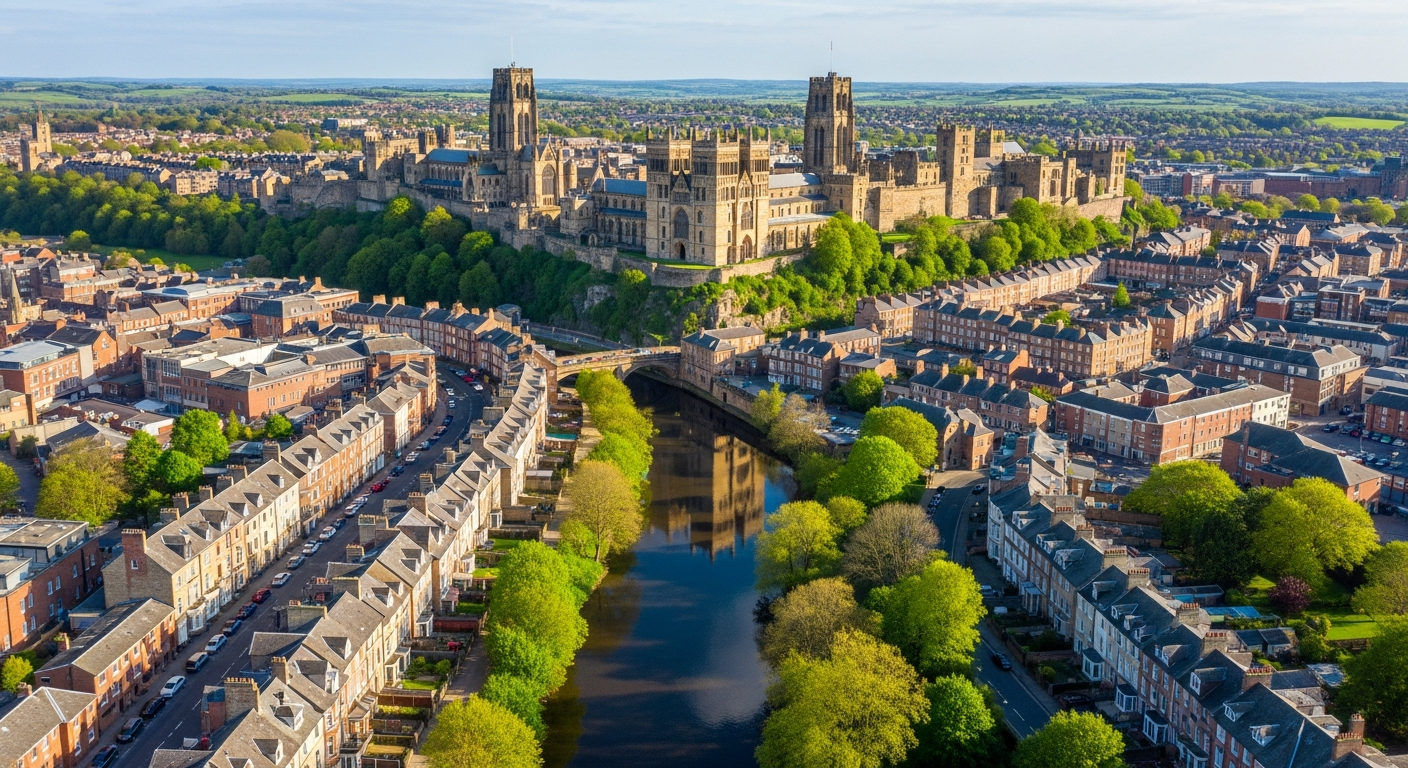 Durham Cathedral and River Wear on a spring morning — representing the local home care services provided by Almond Flex Care across Durham and County Durham