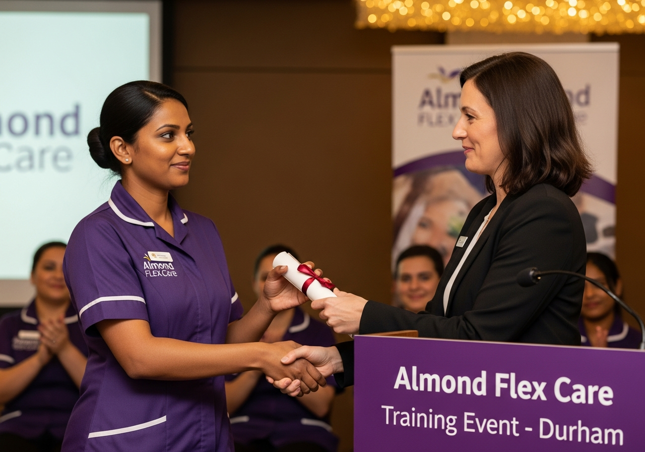 A diverse group of Almond Flex Care team members celebrating at a staff recognition event in Durham