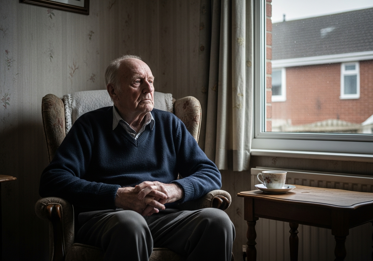 An elderly man sitting alone by a window in Durham representing the reality of loneliness in older people