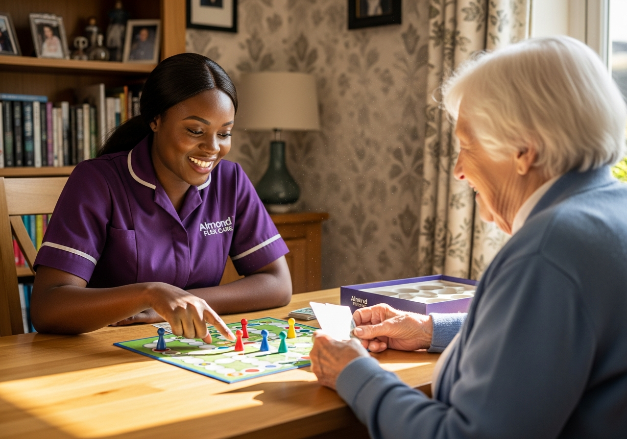 A Black African Almond Flex Care companionship carer playing a board game with an elderly woman in Durham