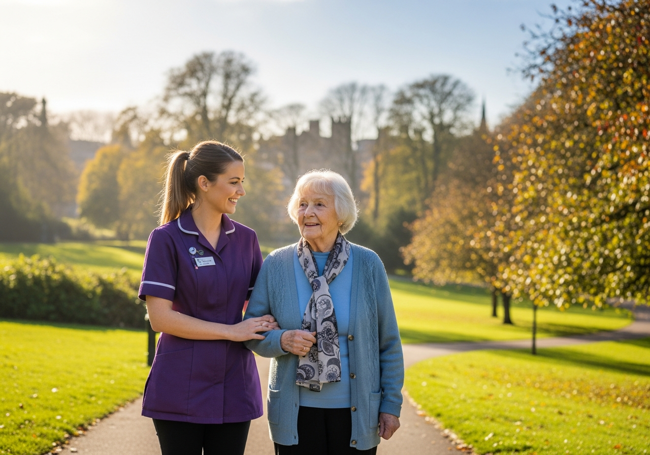 A White European Almond Flex Care companionship carer walking with an elderly woman in a Durham park