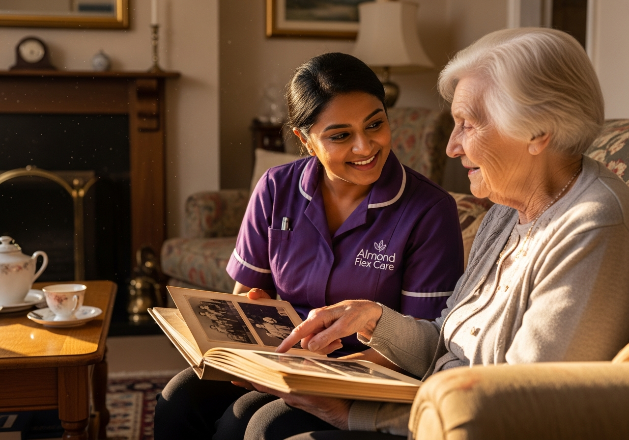 A South Asian Almond Flex Care companionship carer looking at photo albums with an elderly woman in Durham