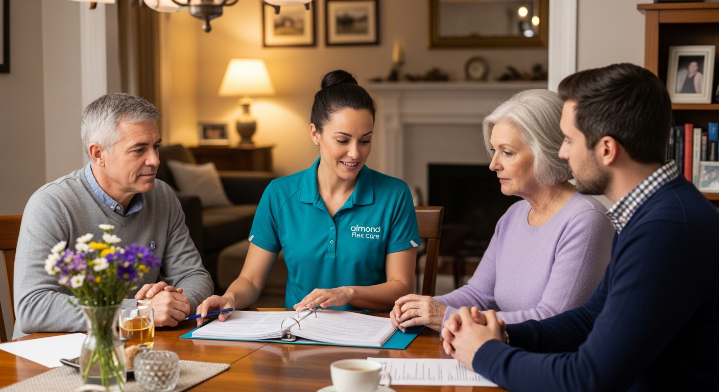 An Almond Flex Care coordinator discussing a dementia care plan with a family in Durham