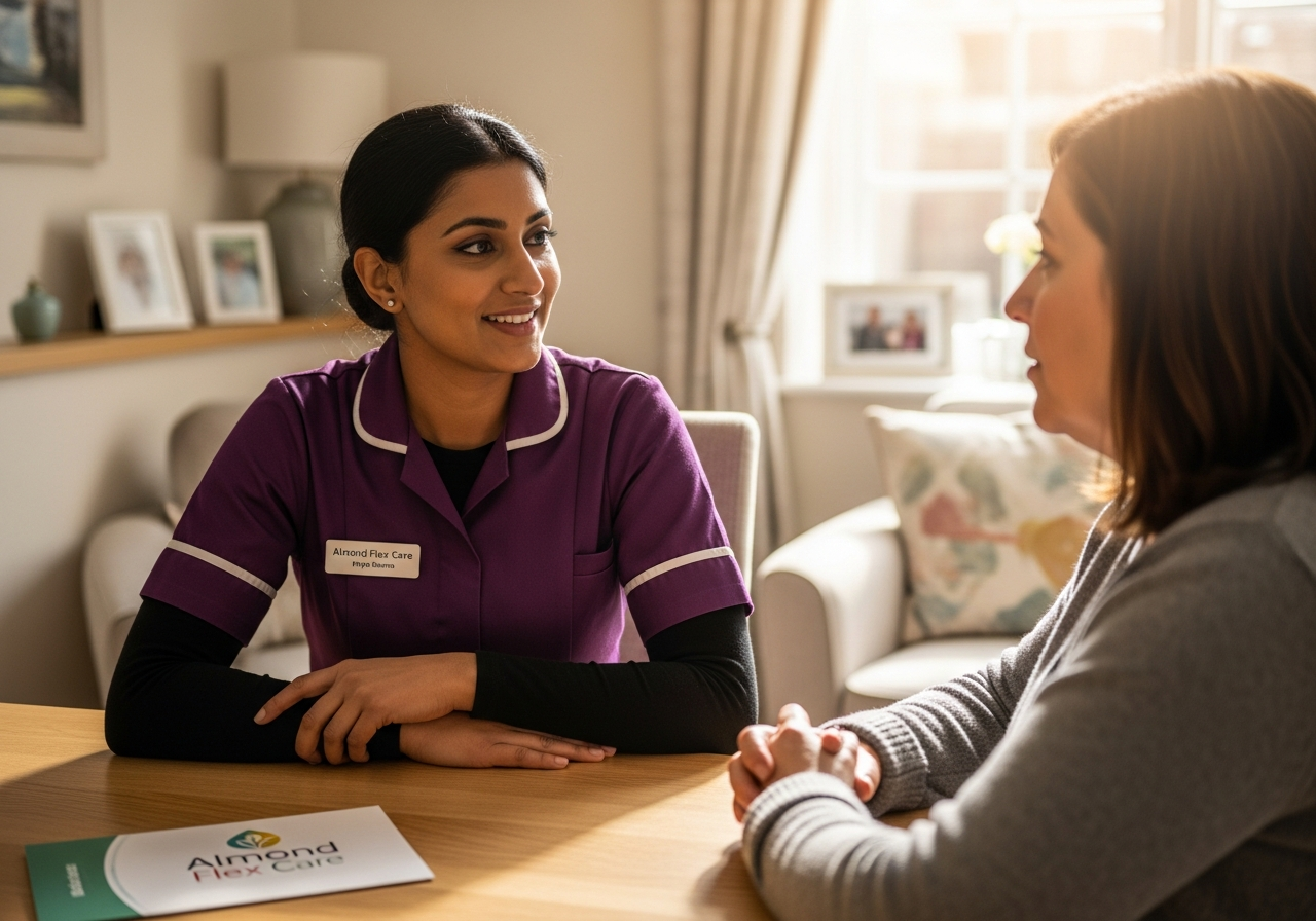 A South Asian Almond Flex Care dementia carer speaking warmly with a family member in Durham
