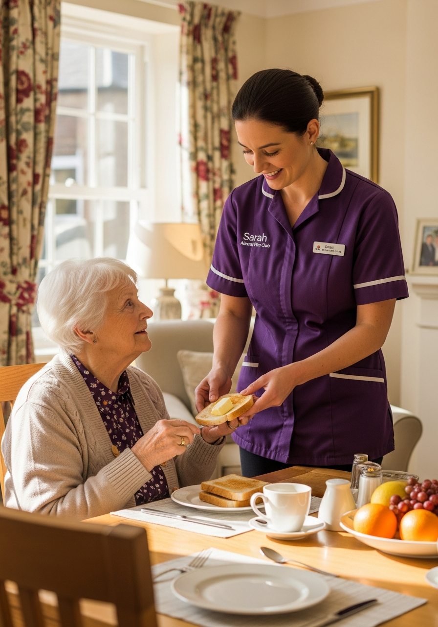 A White European Almond Flex Care dementia carer helping an elderly woman with daily routine tasks in her Durham home
