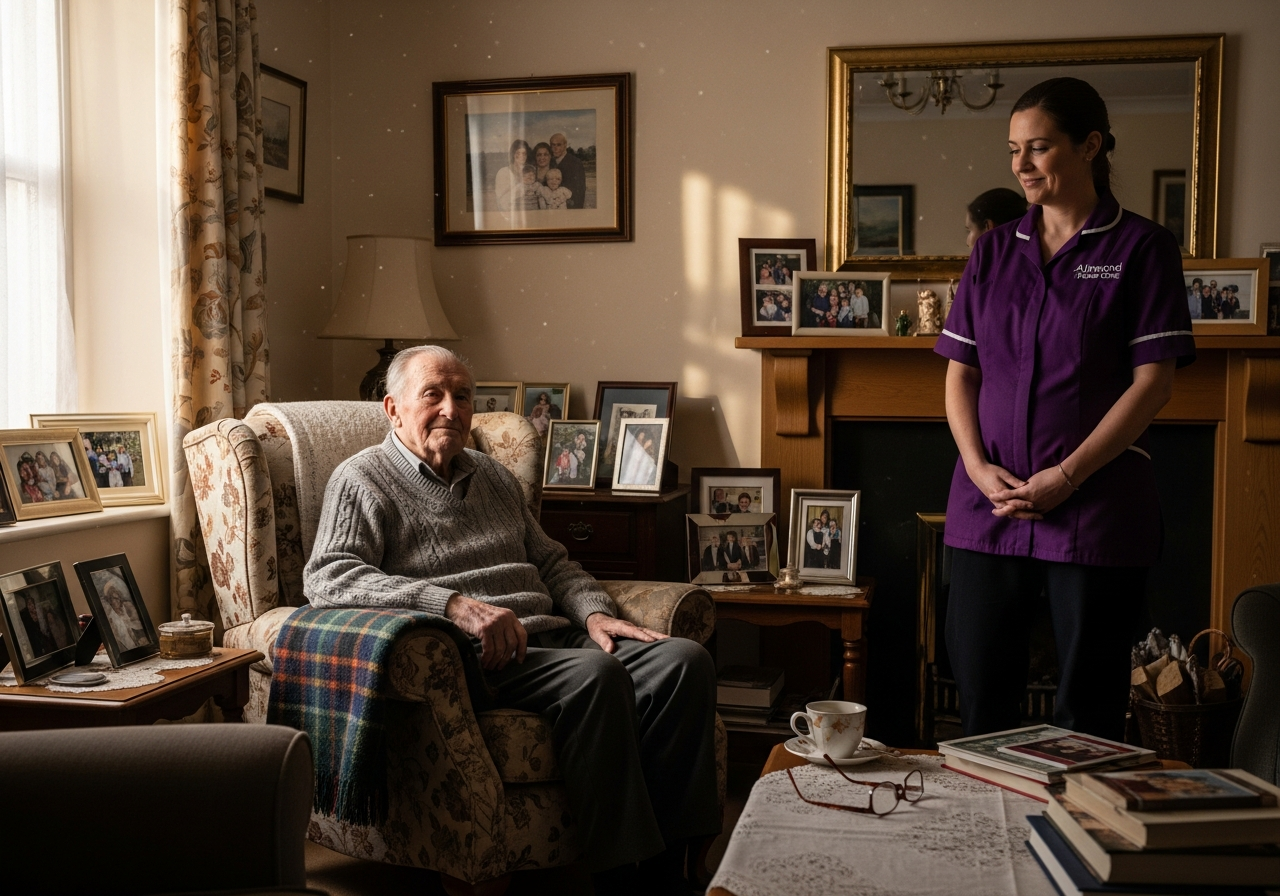 An elderly man with dementia sitting comfortably in his familiar Durham home with an Almond Flex Care carer nearby