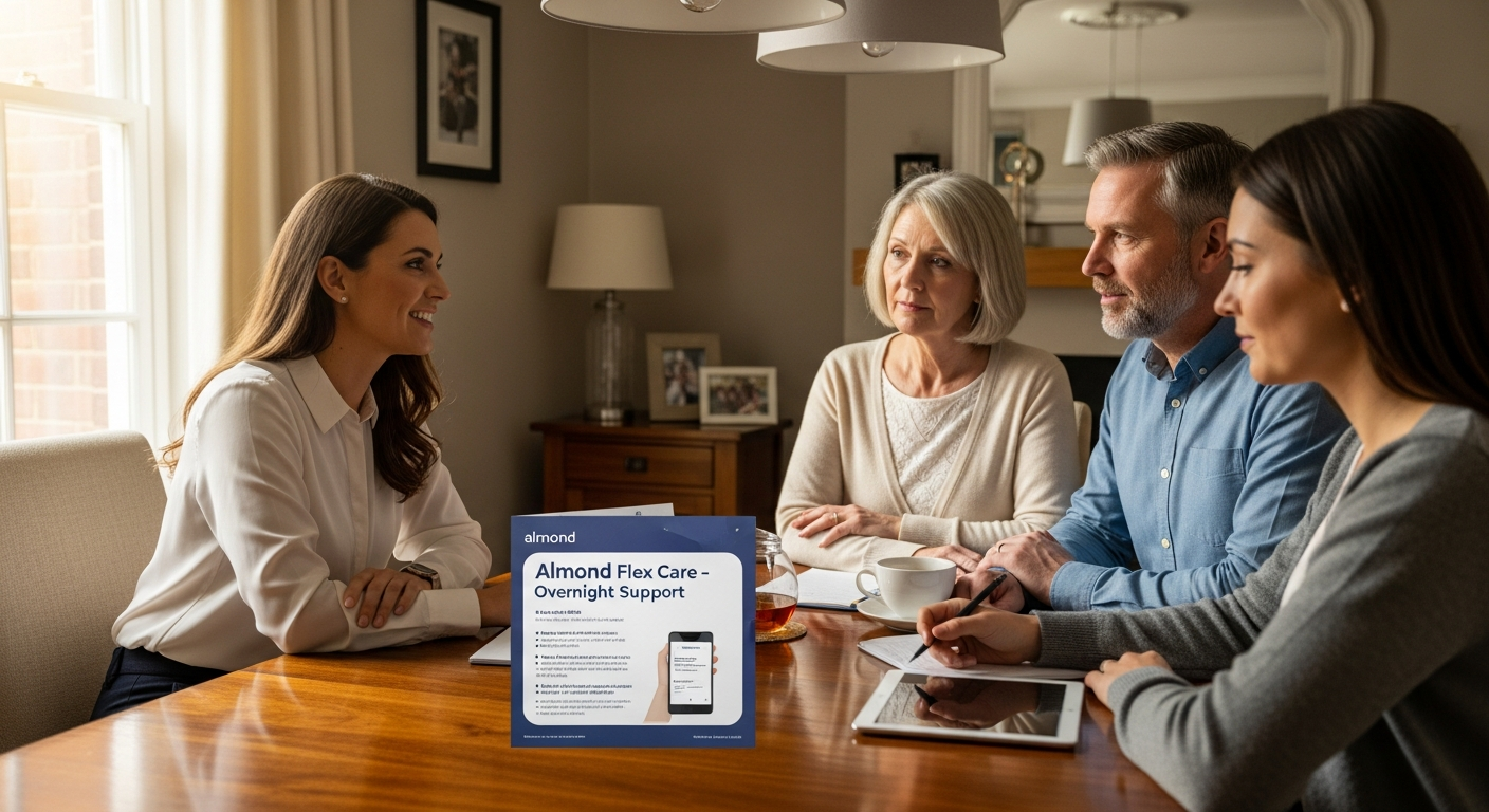An Almond Flex Care coordinator discussing overnight care with a family in Durham