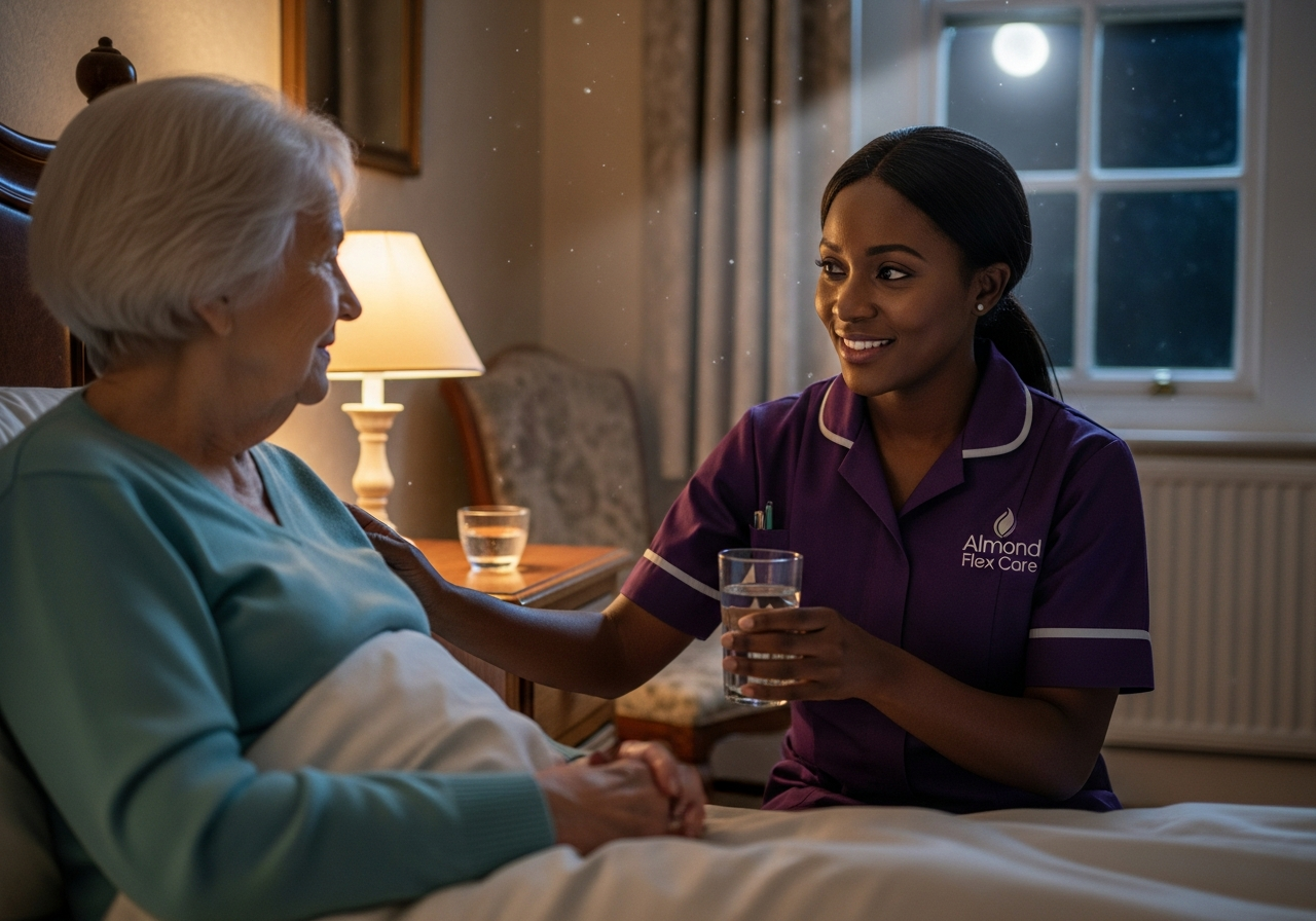 A Black African Almond Flex Care overnight carer gently assisting an elderly woman in the night in Durham