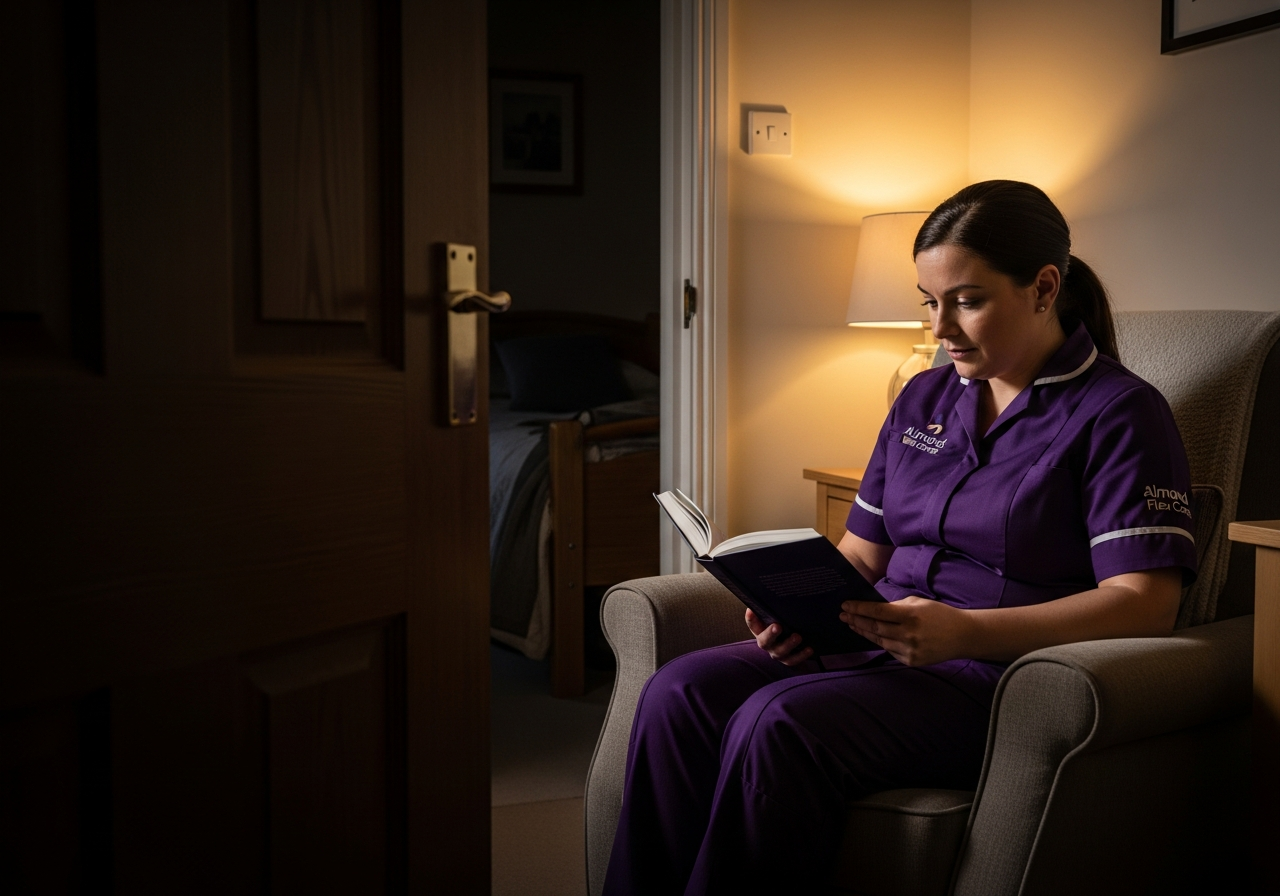 An Almond Flex Care overnight carer sitting quietly near an elderly person's bedroom in Durham at night