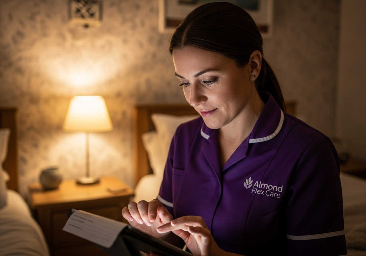 A White European Almond Flex Care overnight carer reviewing care notes at night in a Durham home