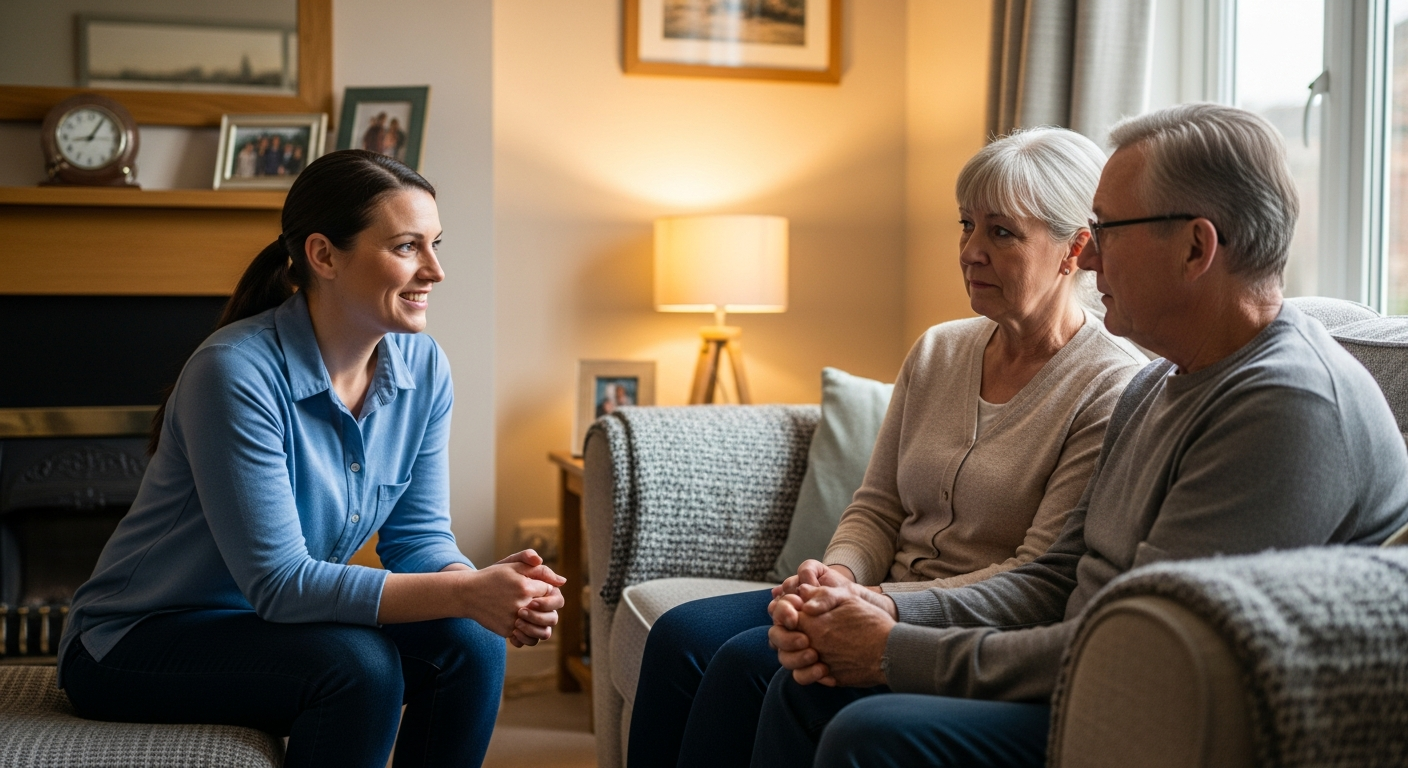 An Almond Flex Care coordinator having a gentle conversation with a family about palliative care in Durham