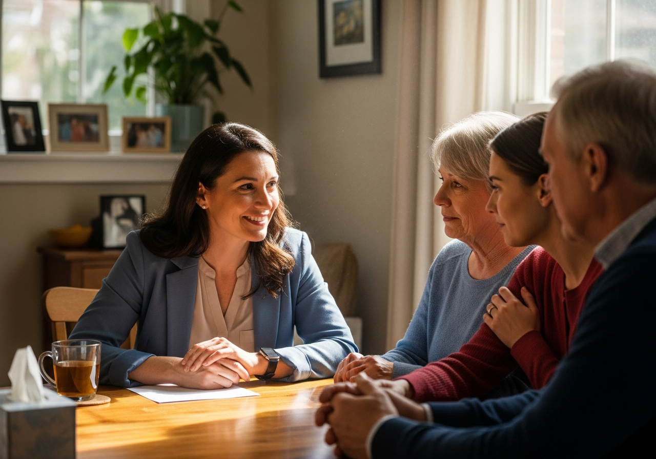 An Almond Flex Care palliative care coordinator offering emotional support to a family in their Durham home