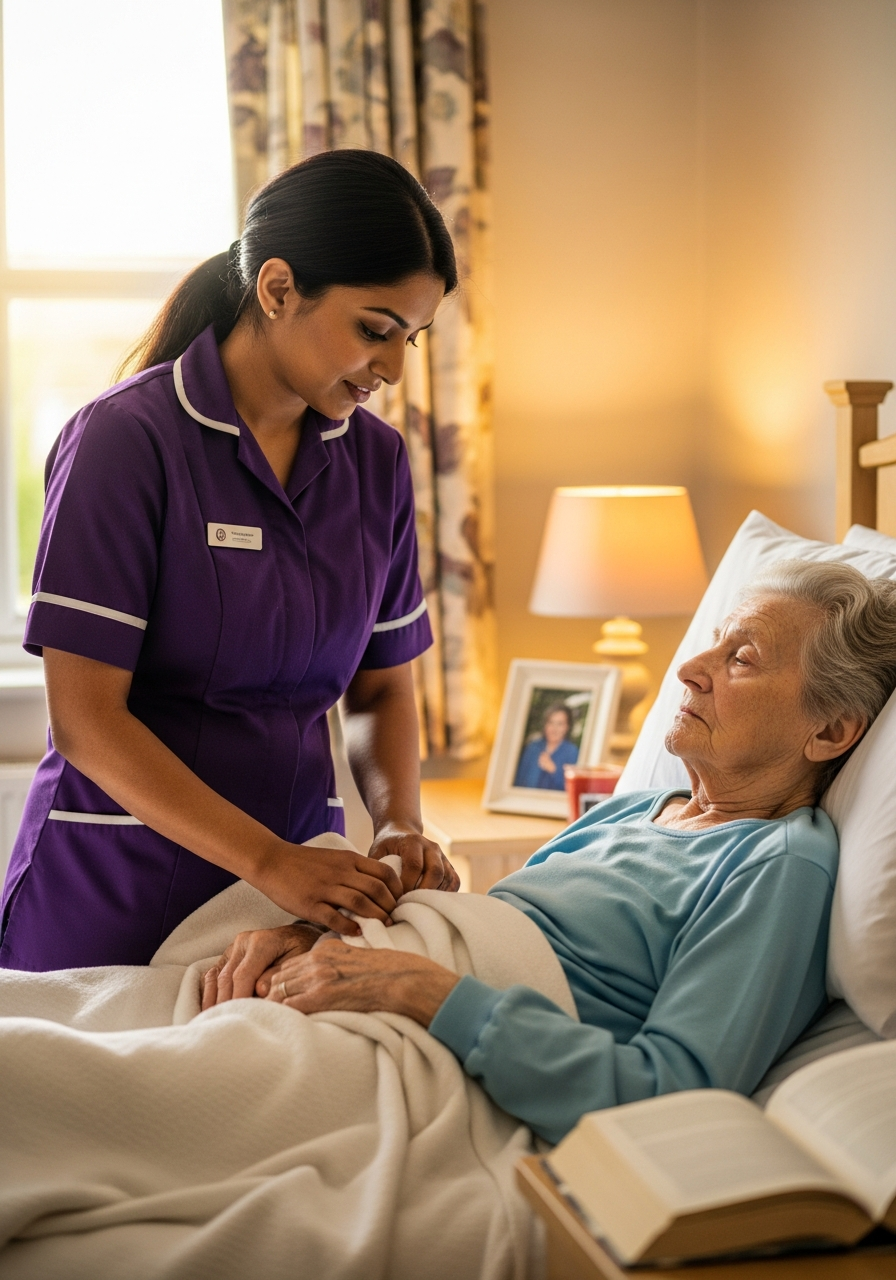A South Asian Almond Flex Care palliative care worker providing compassionate personal care at home in Durham