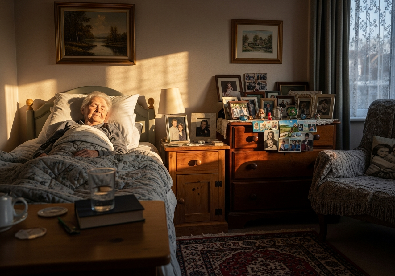 An elderly person resting peacefully in their own familiar Durham home surrounded by personal belongings