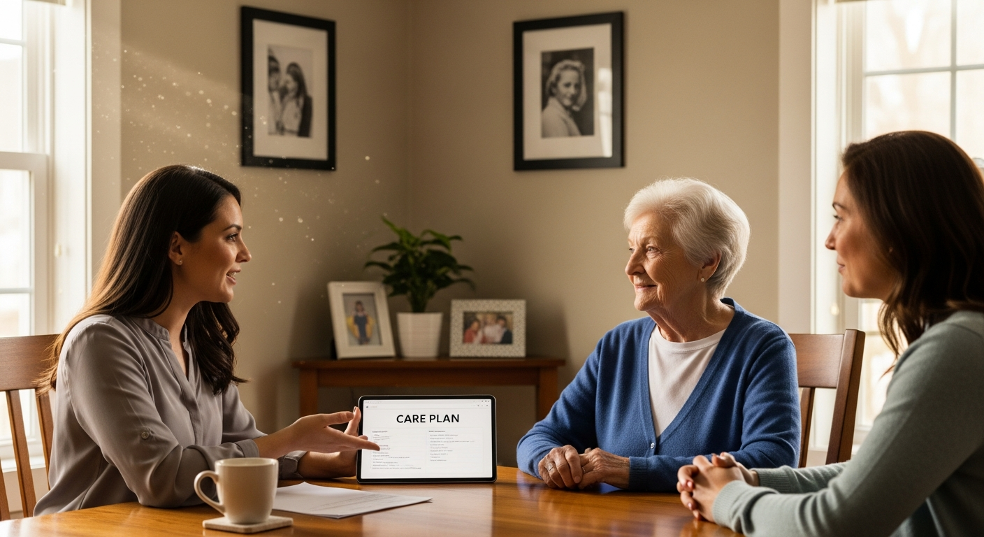 An Almond Flex Care coordinator discussing a personal care plan with an elderly client and family member in Durham