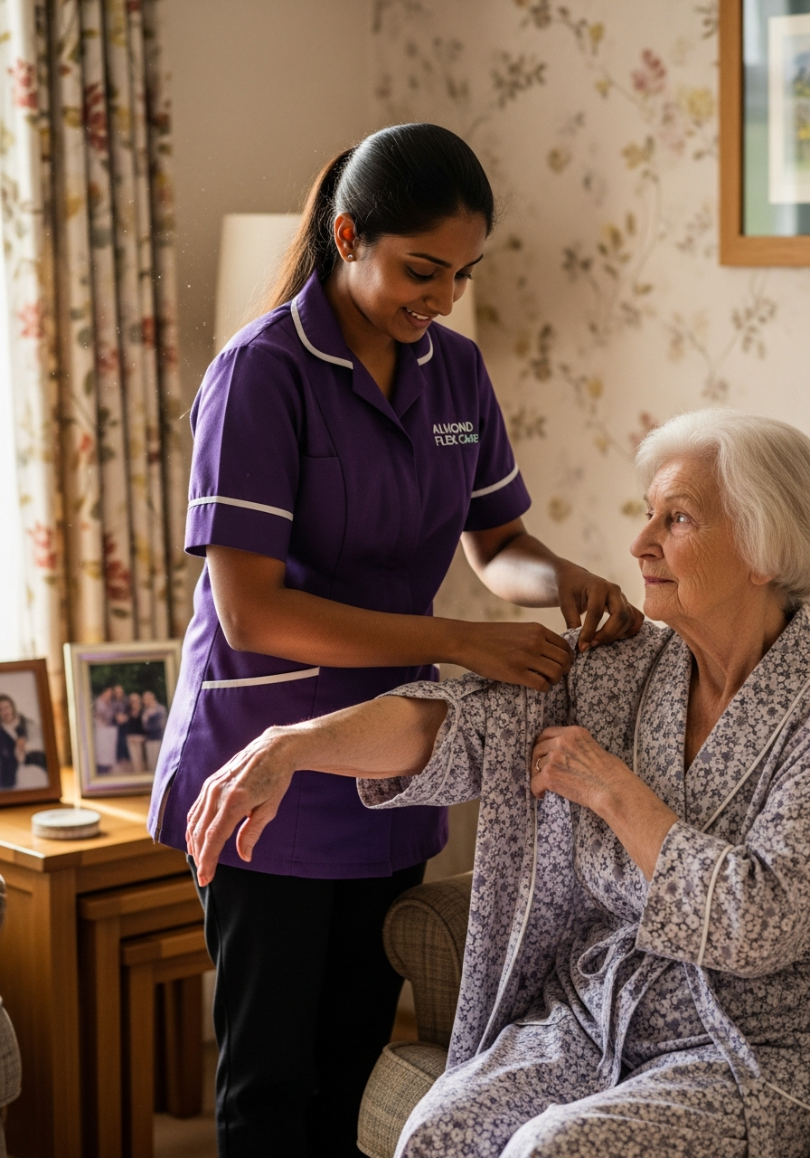 A South Asian Almond Flex Care carer helping an elderly woman with grooming and dressing in her Durham home