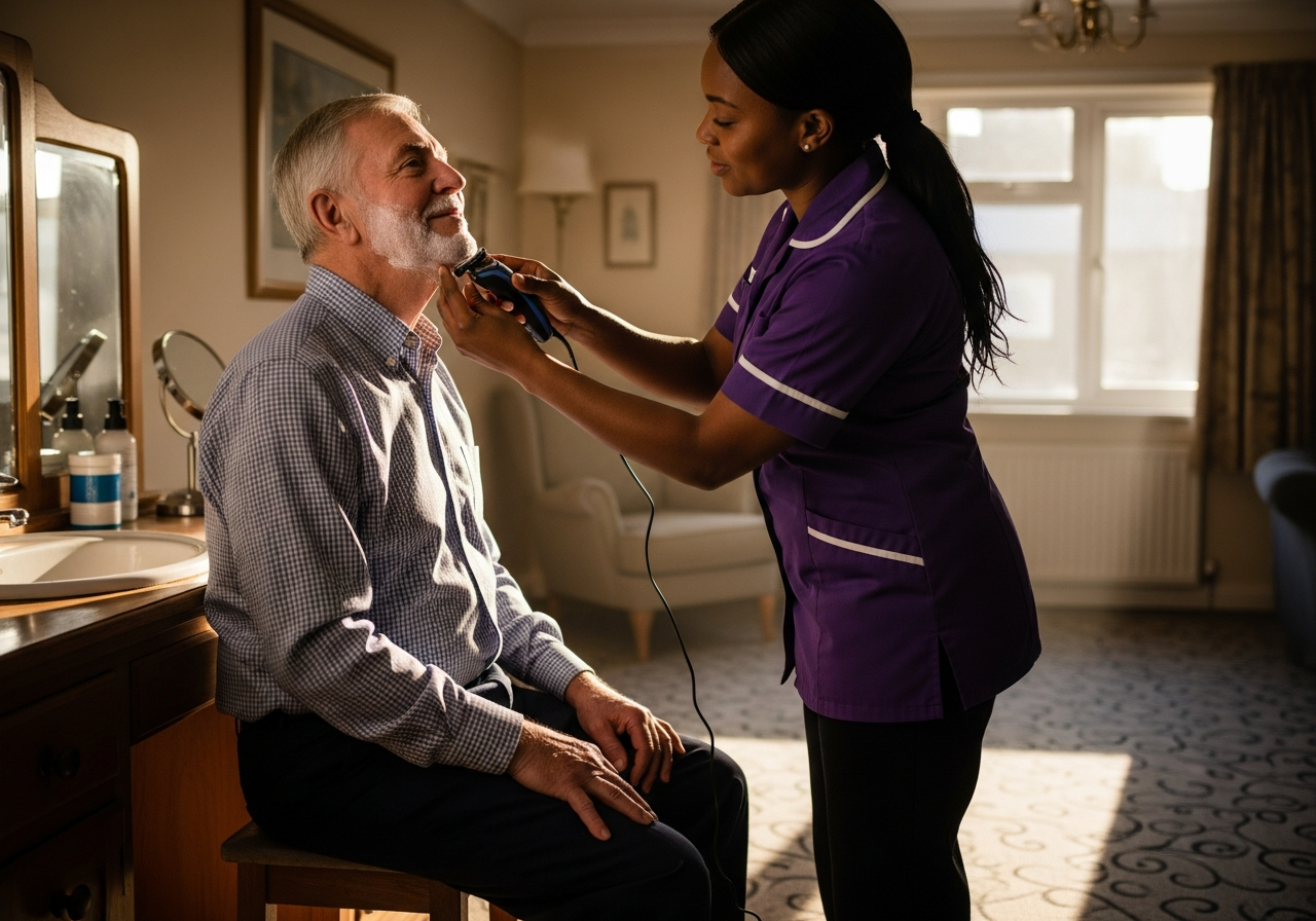 A Black African Almond Flex Care personal carer assisting an elderly man with morning personal care in his Durham home