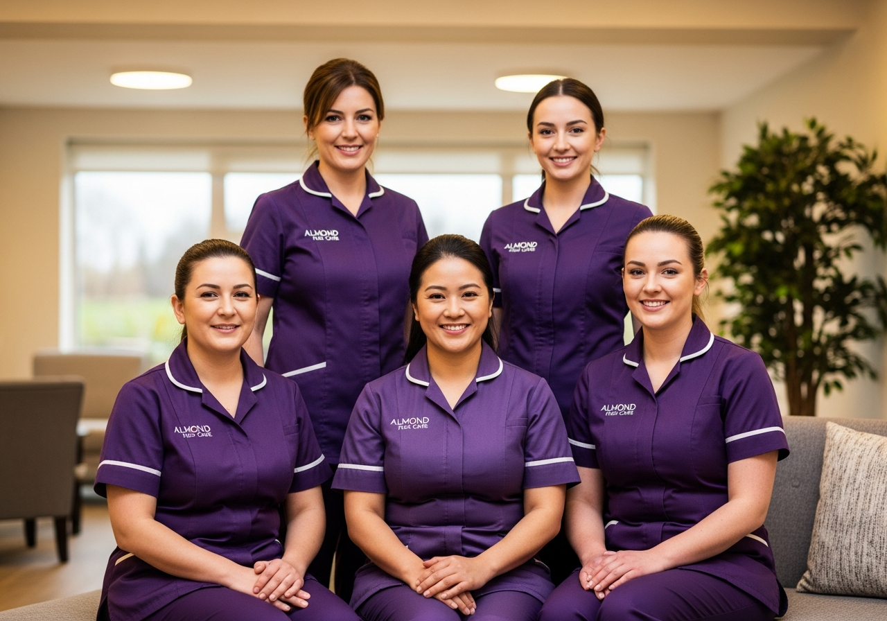 A diverse team of Almond Flex Care personal carers in deep purple uniforms representing the professional team in Durham