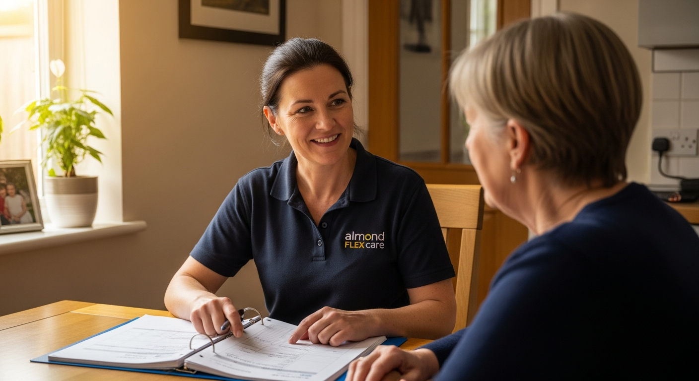 An Almond Flex Care coordinator discussing a respite care plan with a family in Durham