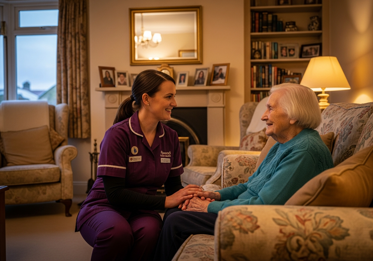 An Almond Flex Care respite carer sitting warmly with an elderly woman in her Durham living room