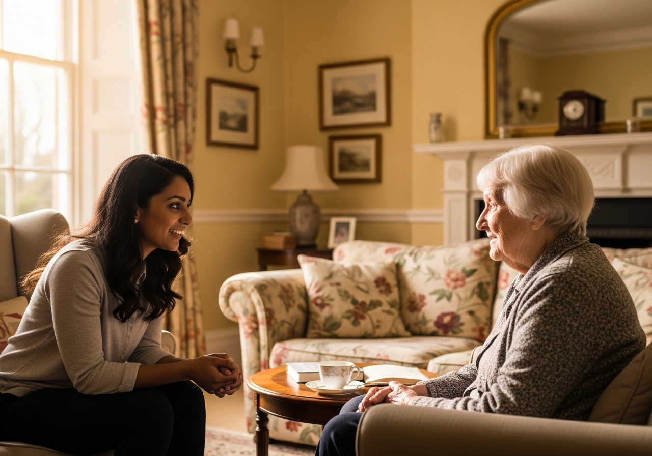 A South Asian Almond Flex Care respite carer talking warmly with an elderly woman in Durham