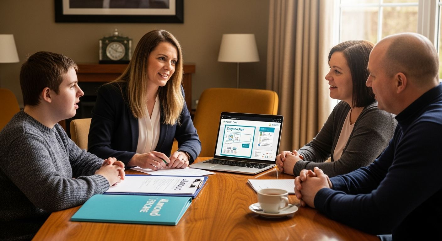 An Almond Flex Care coordinator discussing a supported living plan with a young person and family in Durham