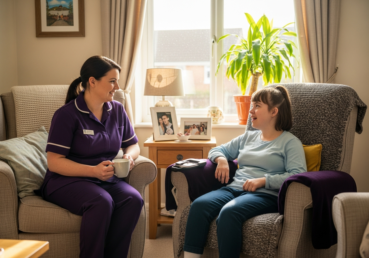 A White European Almond Flex Care support worker with a young woman with a physical disability in her own Durham home